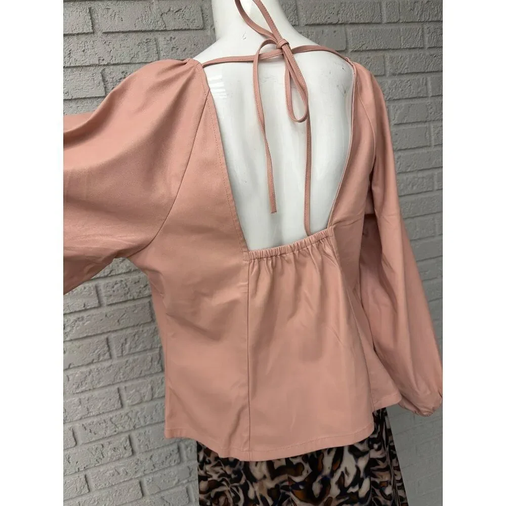 J. Crew Women’s Puff Sleeve Open Back Blush Faux Leather Top Size 14